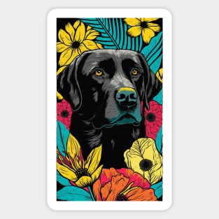 Black Labrador Retriever Dog Vibrant Tropical Flower Tall Retro Vintage Digital Pop Art Portrait Sticker